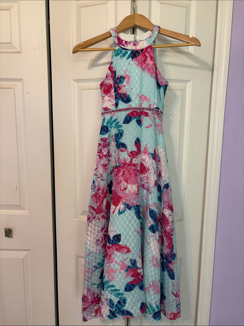 Kids Floral Halter Maxi Dress in Light Blue and Pink